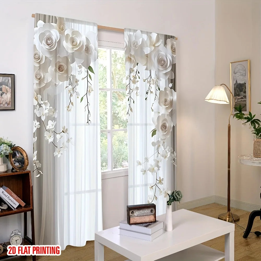rideaux floraux semi transparents deux panneaux polyester modernes maisonDecorationFenetreCascadeOrchidees Roses
