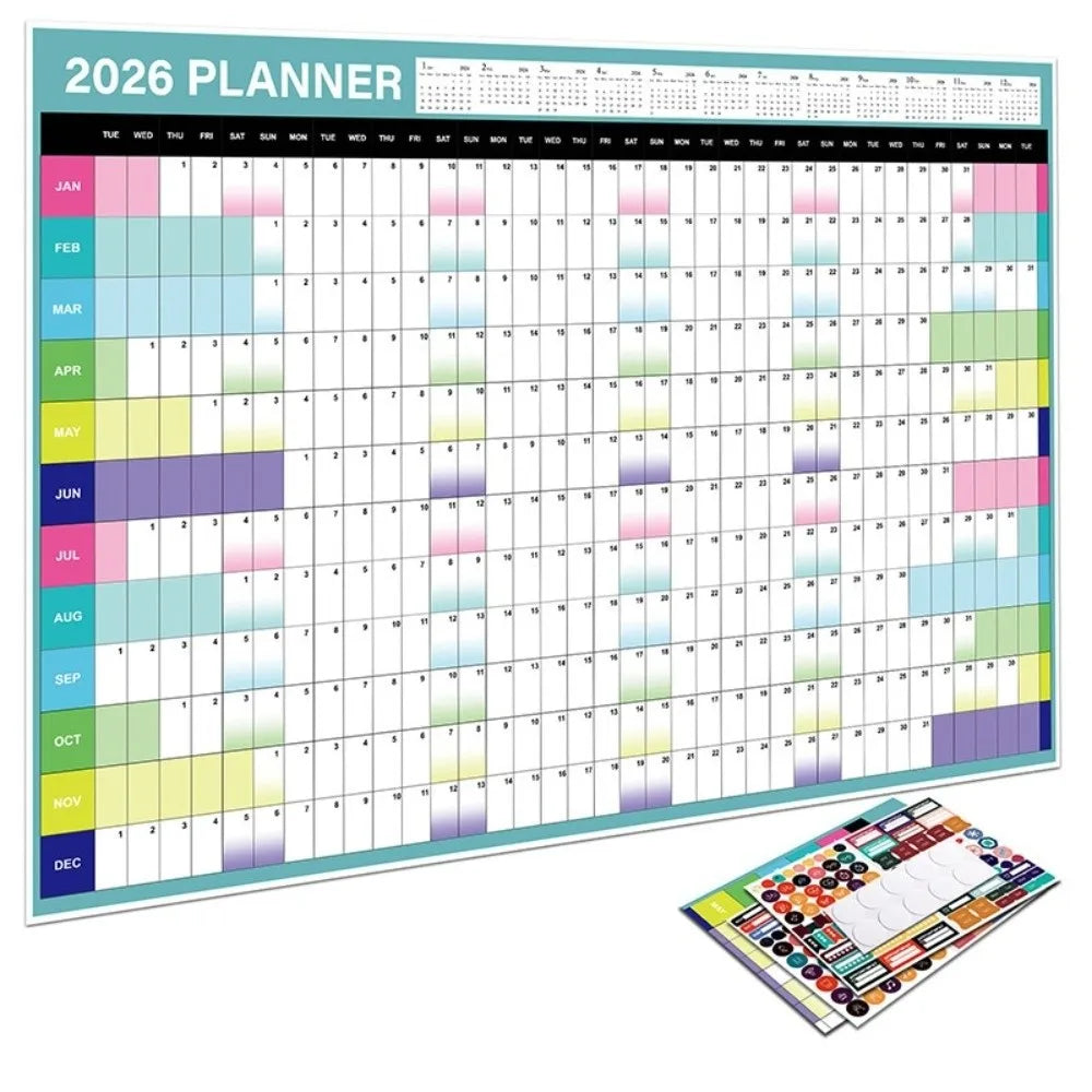 calendrier mural 2026 moderne couleur bleu blanc vert rose jaune gris grille dates mensuelles