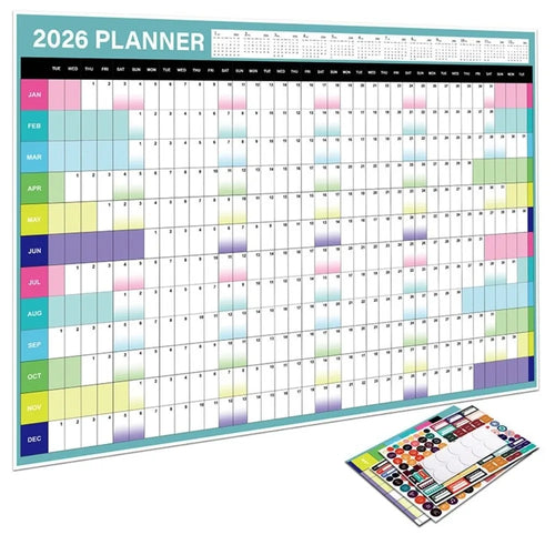 calendrier mural 2026 moderne couleur bleu blanc vert rose jaune gris grille dates mensuelles
