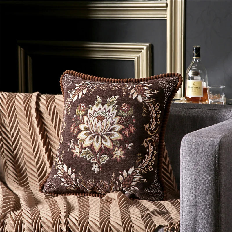 coussin carré floral brodé vintage chenille marron bleu marine élégant zippéversible