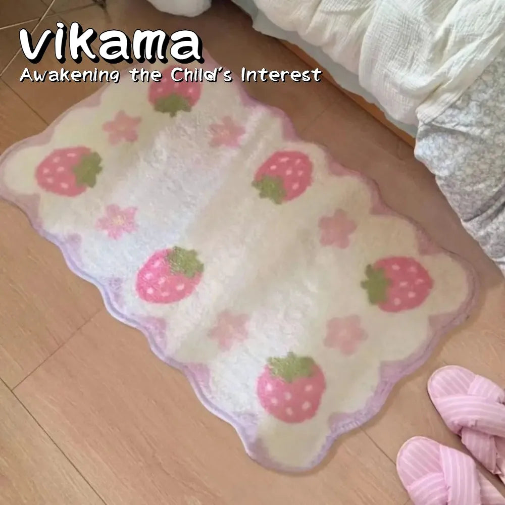 tapis fraises roses blanches décoratif moderne antidérapant lavable enfants chambre salon