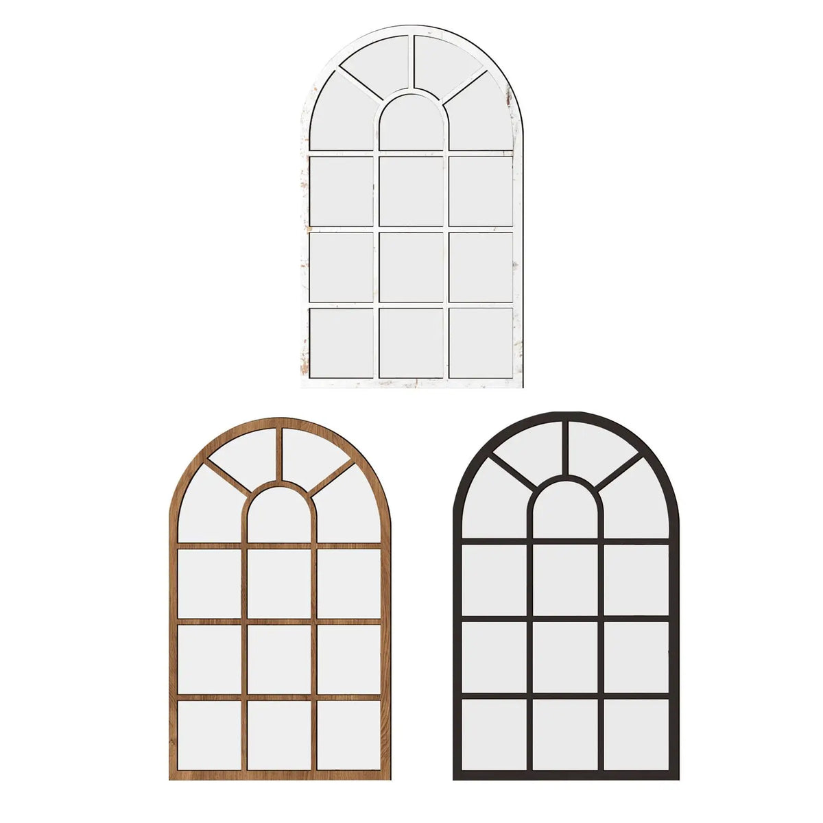 miroir arqué fenêtre bois blanc marron noir structure vieillie décoratif vintage chambre salon
