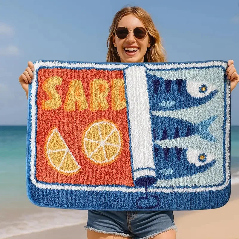 tapis bain moderne fruits poissons antidérapant polyester bleu orange blanc