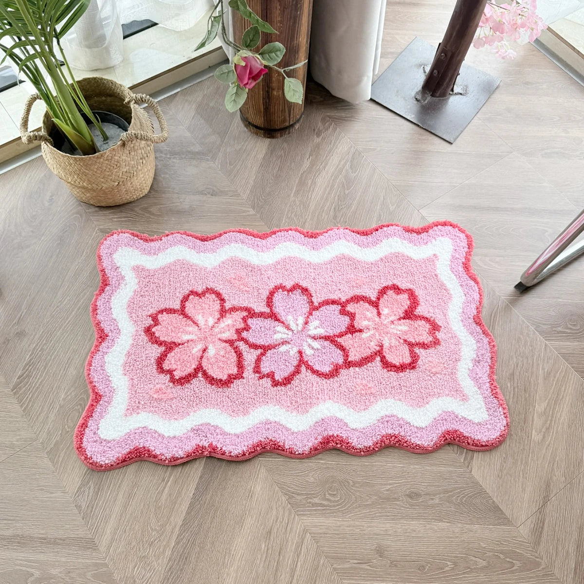 tapis moelleux antidérapant motif cœur dégradé fleurs cerisier bords ondulés rose doux intérieur extérieur