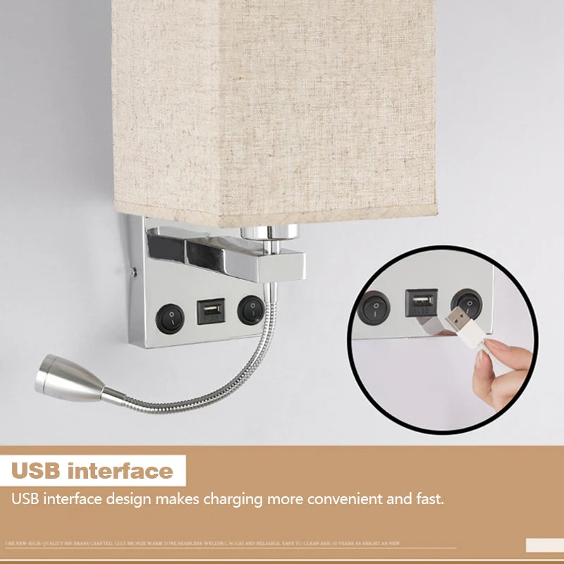 lampe murale moderne led usb interrupteur tissu blanc beige noir