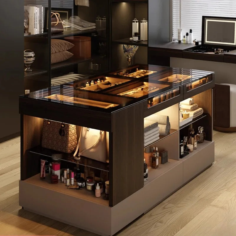 meuble rangement bijoux bois marron clair noir moderne boîtes bracelets colliers montres chaussures