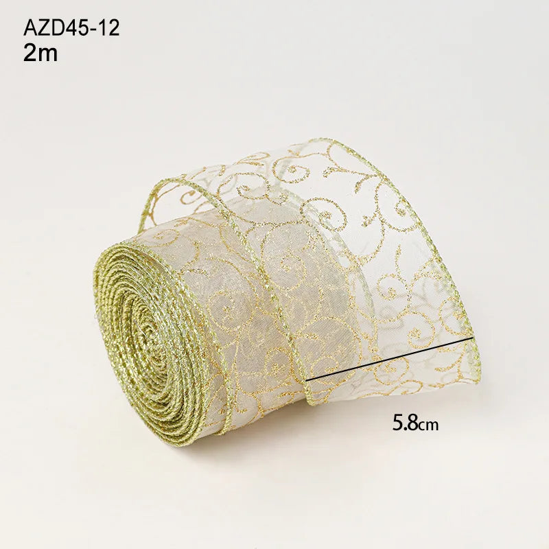 ruban noel or blanc motif floral tissu decoratif bricolage cadeau noel