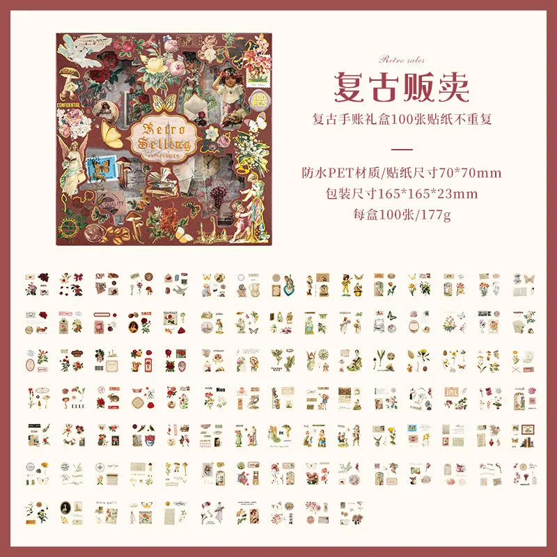 stickers vintage multicolores papier floral romantique 70x70mm ensemble scrapbooking décoration journaux
