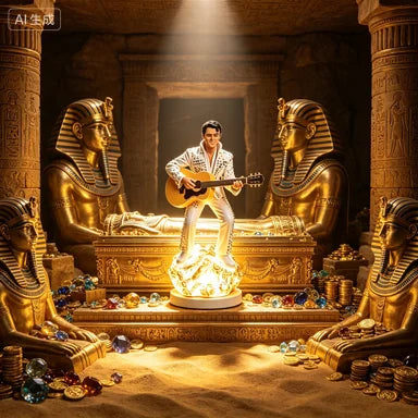 statue elvis presley guitare résine lumière solaire décoration extérieure égyptienne paillettes base rocheuse éléments