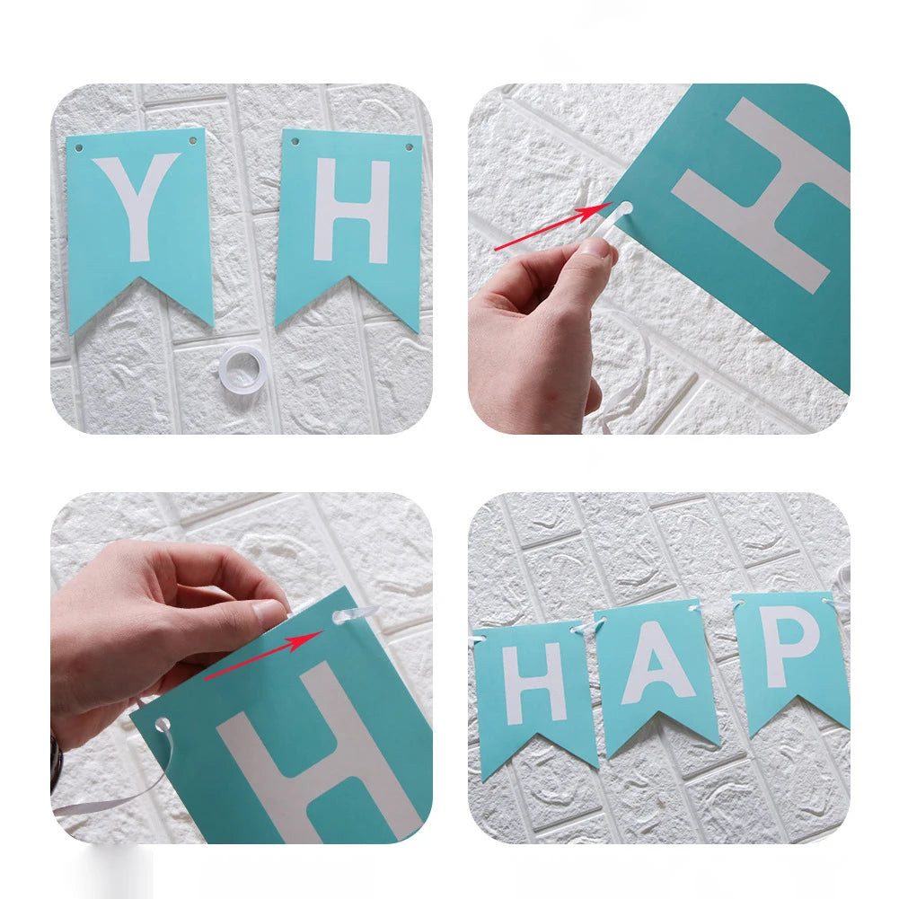 guirlande fanions happy birthday bleu rose noir gris vert turquois festif anniversaire enfant mariage