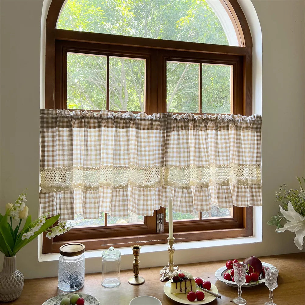 rideau vintage beige carreaux crochet polyester opacité rustique cuisine fenêtre