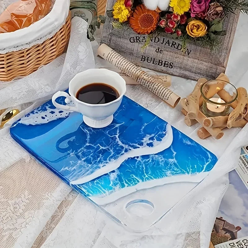 plateau décoratif planche découper statuettes vagues motifs abstraits bleu blanc rose vert