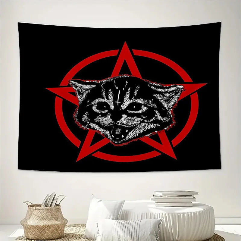 tapisserie murale gothique chat yeux croix géométrique noir rouge gris contemporain graphique decoration chambre