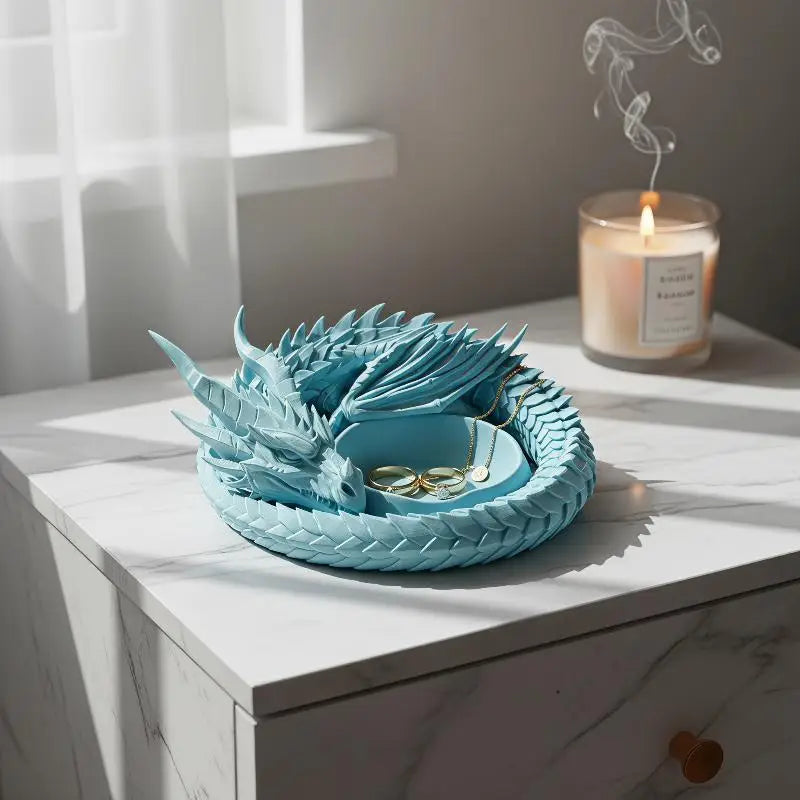 support bijoux dragon bleu clair noir artisanal sculptural adhésif porte clés monnaie