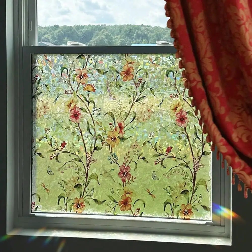 film décoratif multicolore fleurs papillons protection uv isolation thermique semi transparent moderne accroissement statique