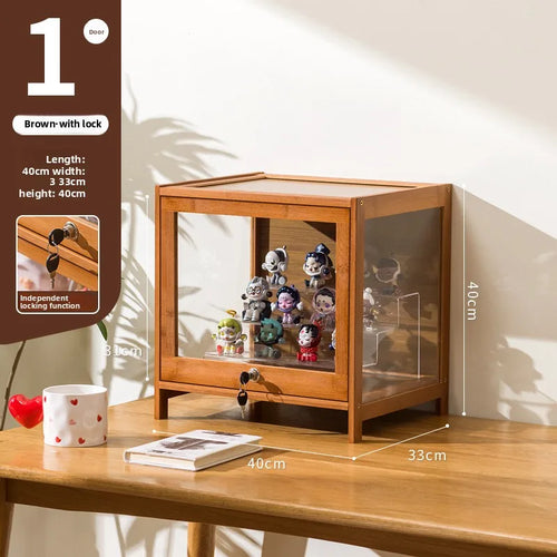 présentoir étagère porte vitrée transparent moderne bois clair figurines cadres