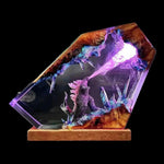 statues monstres résine violet bleu rouge noir texture bois cristaux artisanat base bois emballage