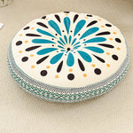 coussin rond boho chic motifs floraux géométriques antidérapant polyester blanc bleu