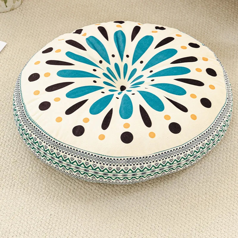 coussin rond boho chic motifs floraux géométriques antidérapant polyester blanc bleu
