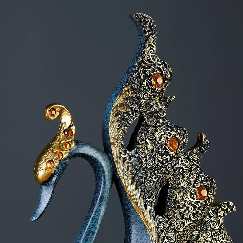 statue oiseau résine or argent bleu nuit strass dorés motifs floraux art deco élégante