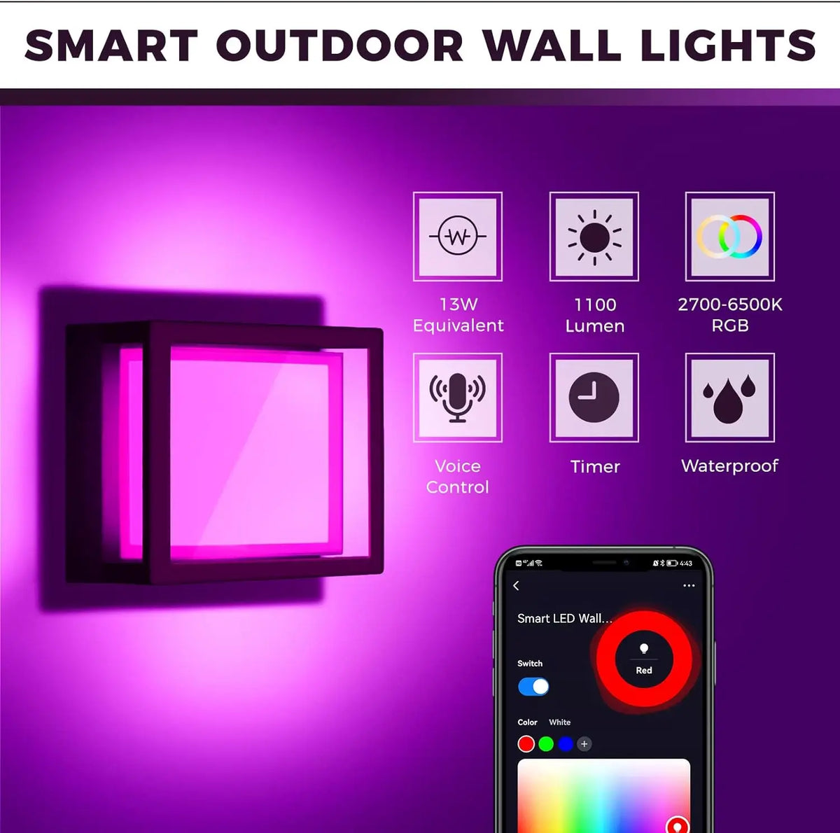 lampe murale intelligente led rgbicw noir moderne controle vocale ip68 wifi 20w