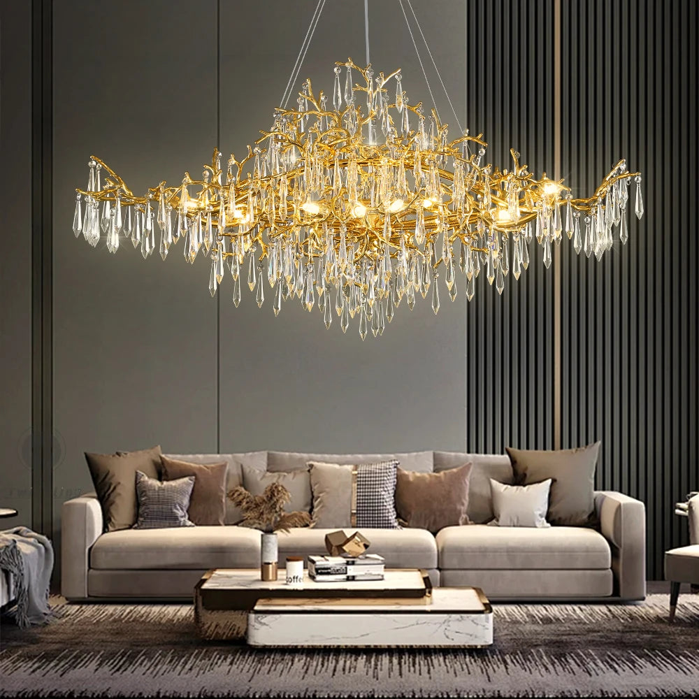 lampe suspendue or cristal moderne branches dorées pendeloques transparentes chambre salon
