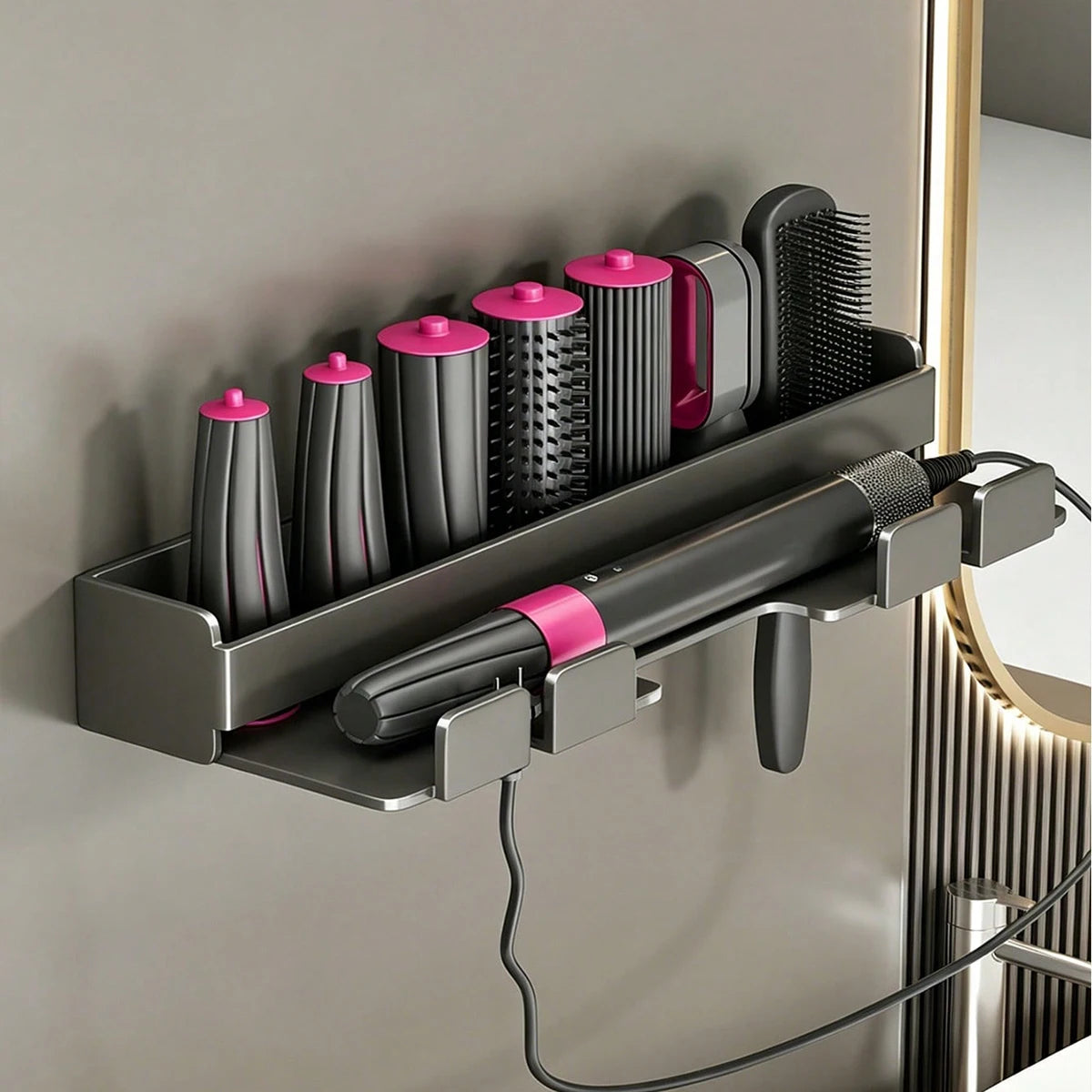 support mural adhésif noir rose coiffeur accessoires secateur brosse fer lisser moderne salle bain