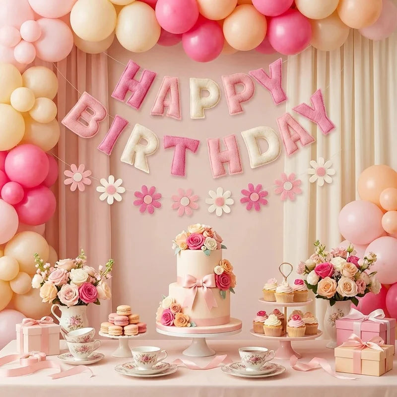 décoration fête multicolore happy birthday relief fleurs moderne gâteau cadeaux assiettes verres bougies