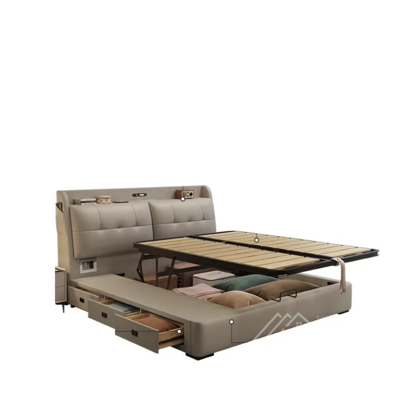 lit double moderne gris clair bois simili cuir tiroirs rangement tablette