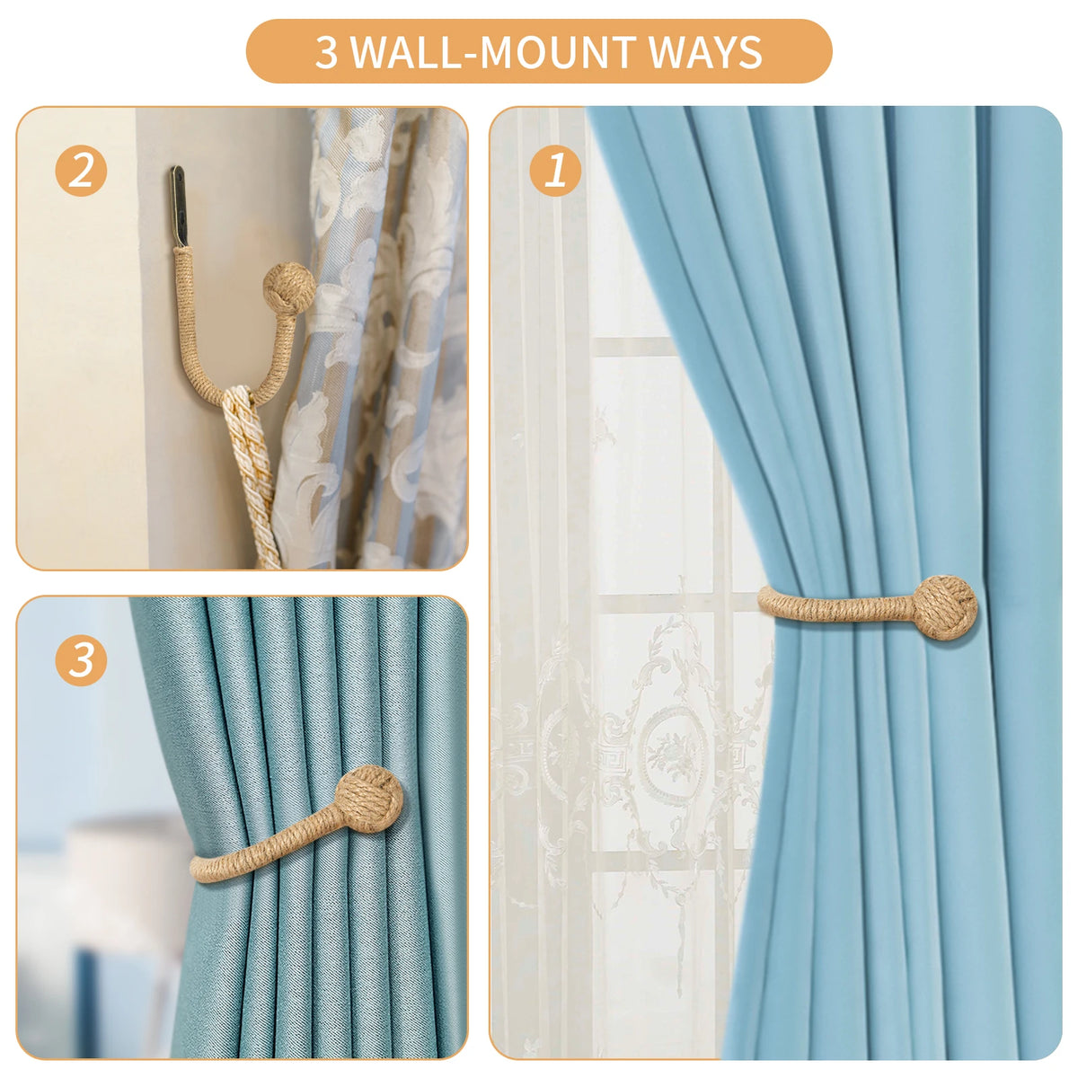 boucle rideau beige bleu clair corde tressée rustique double trous fixations accessoires voilures chambre