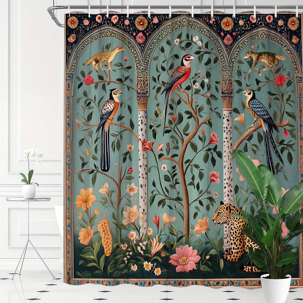 rideau douche floral oiseaux léopard art nouveau 12 anneaux métalliques