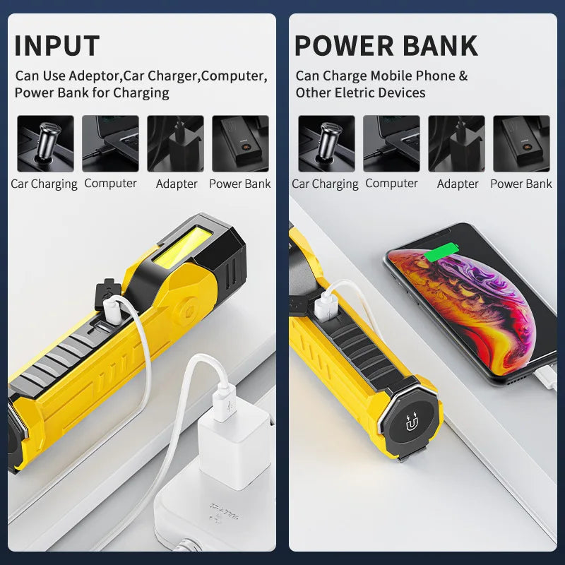 lampe poche rechargeable led jaune puissance 10w lumiere 350m lumens abs nocturne portative