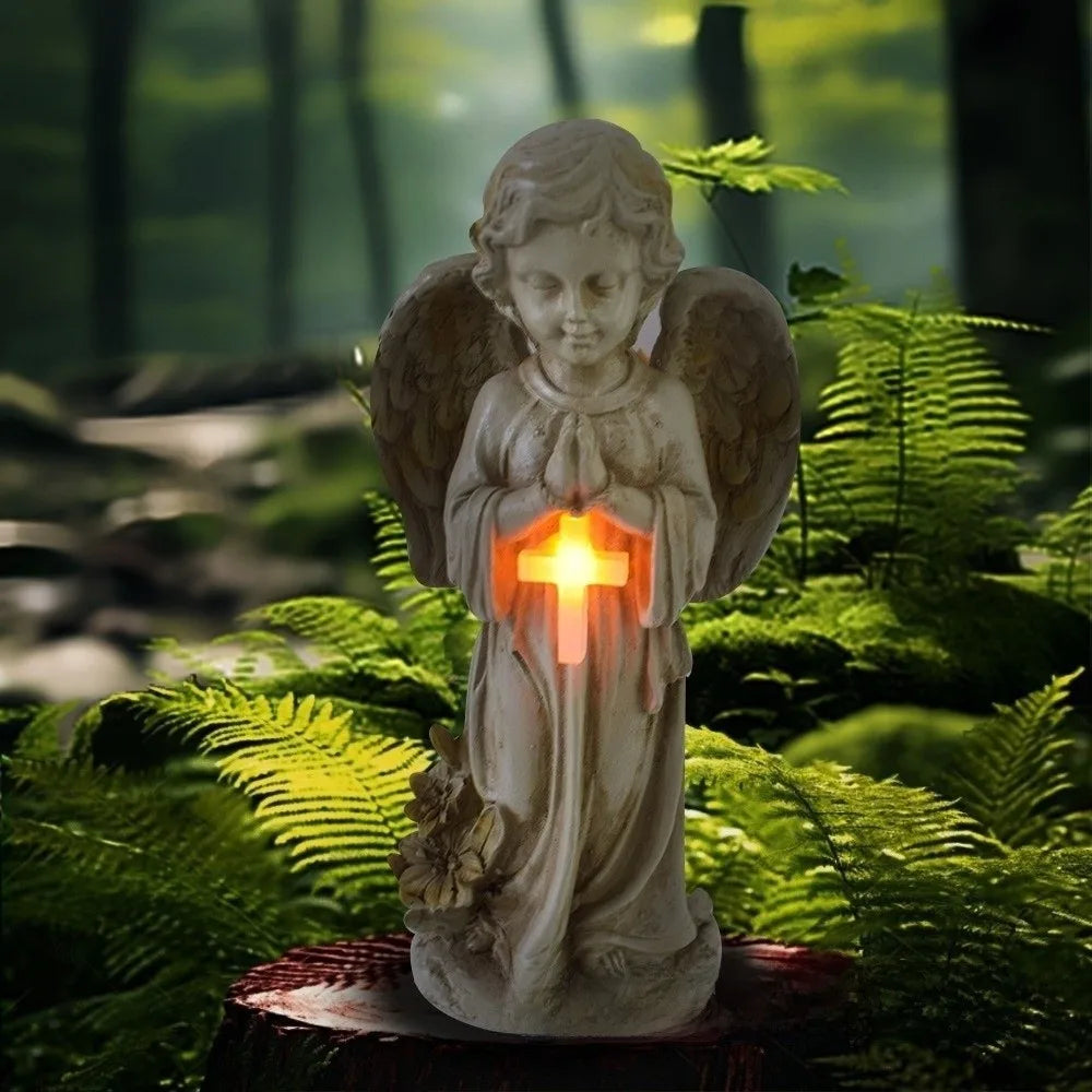 statue ange jardin solaire vieilli plumes croix lumineuse ornement extérieur classique beige doré