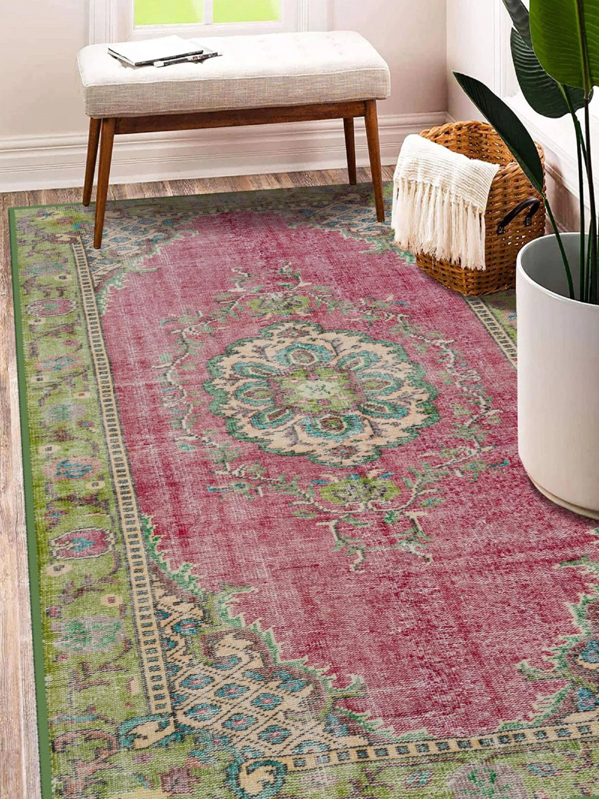 tapis rose ornements floraux motifs géométriques vintage ethnique 80x120cm