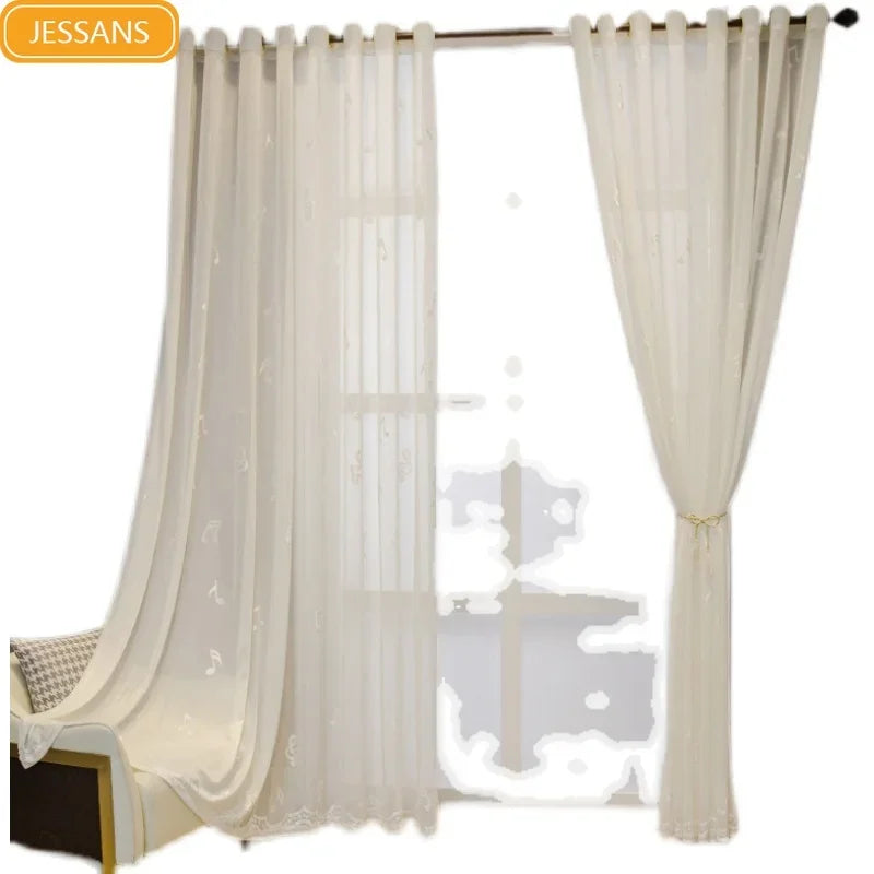 rideau blanc transparent notes musicales brodées salon chambre décoration classique moderne maison