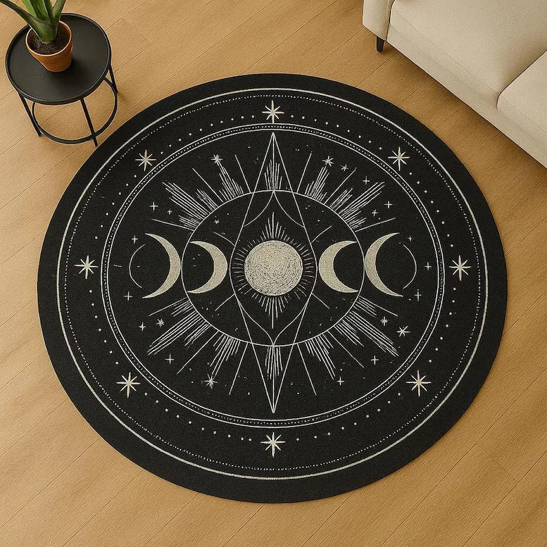 tapis rond moderne astrologique noir blanc chambre salon extérieur déco art mystique