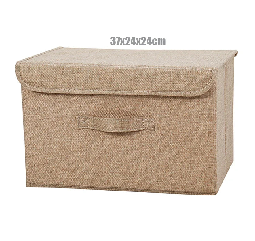 boîte rangement pliable tissu lin gris beige couvercle poignées vêtements