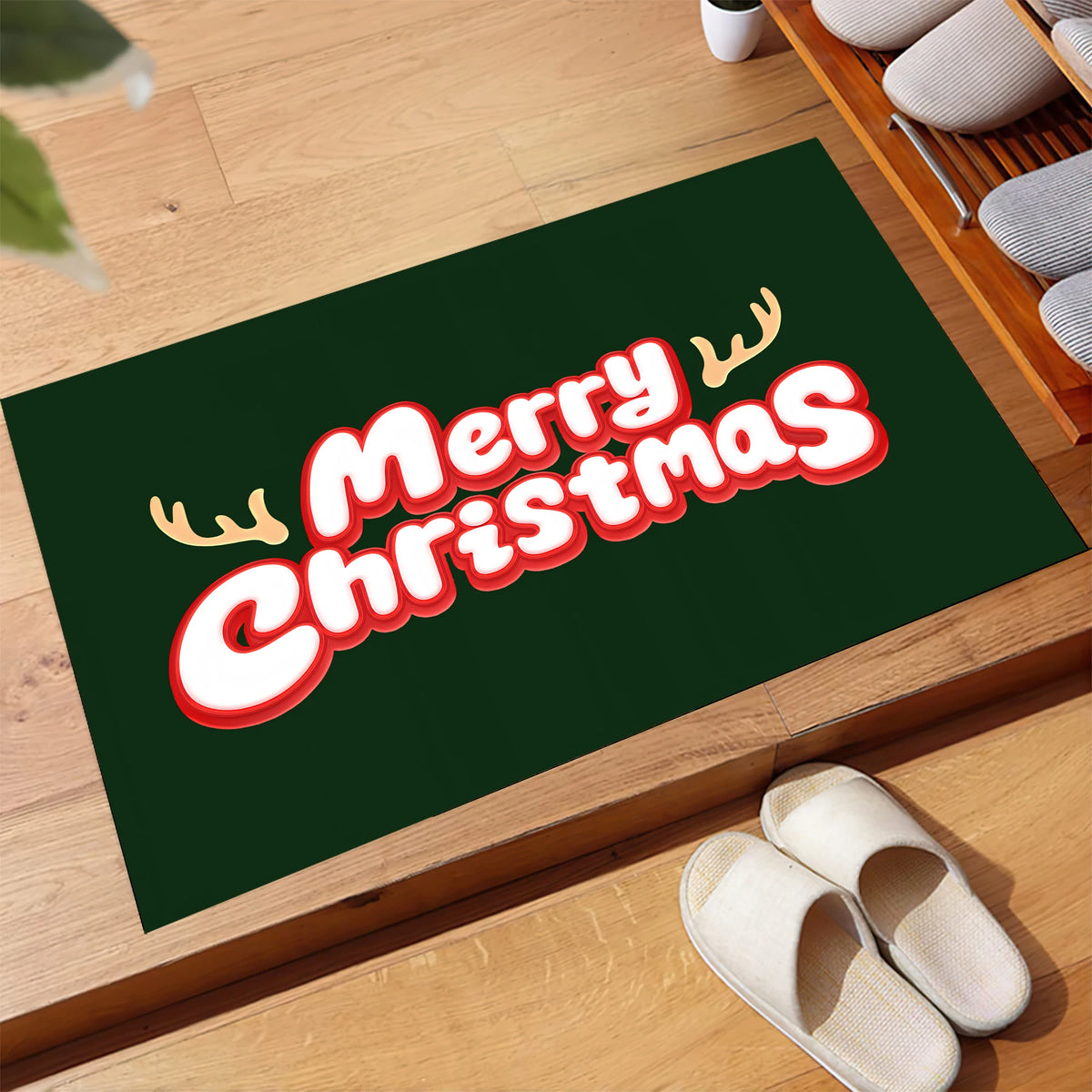 tapis sol antidérapant merry christmas vert lettres blanches rouges extérieur intérieur festive