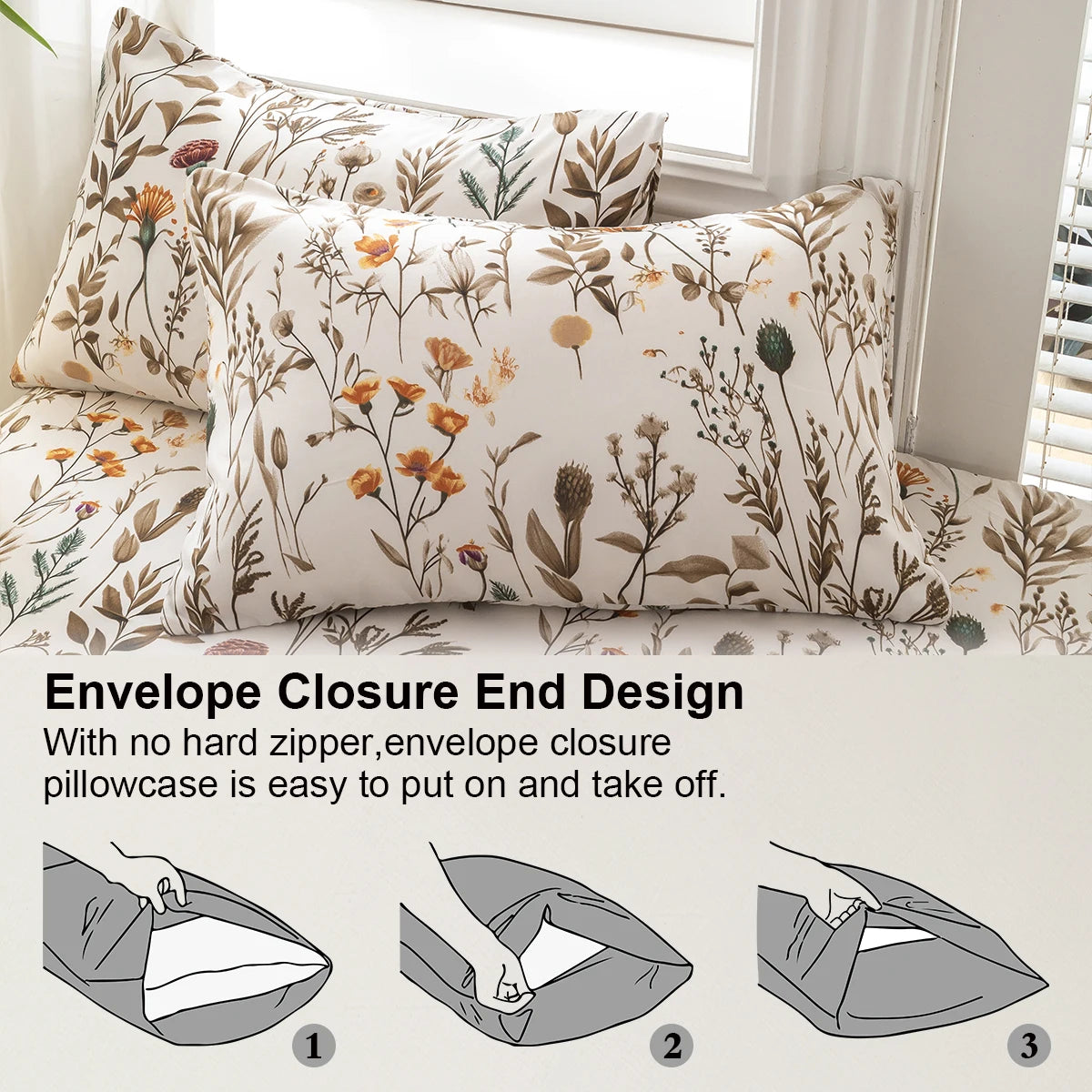 housse couette motif floral moderne pièces blanc cassé orange marron vert douce machine laver