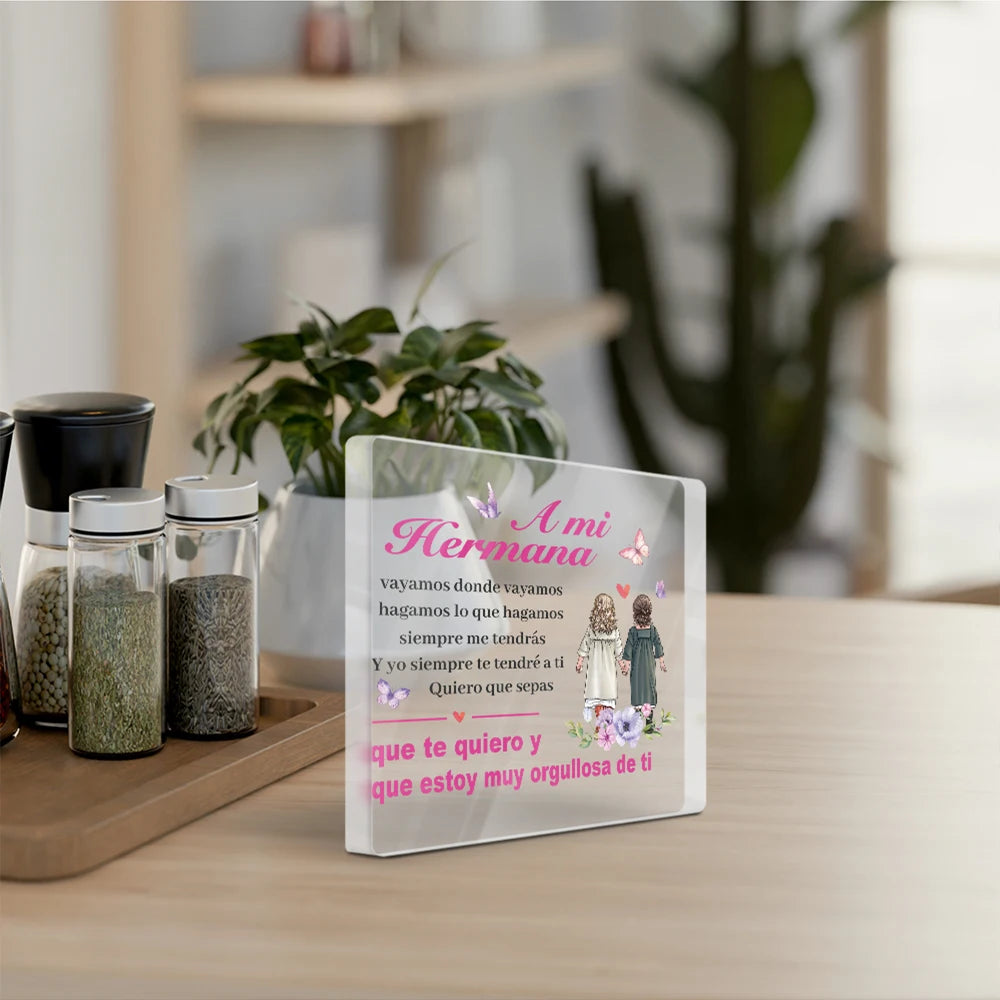 plaque decorative florale deux filles transparente moderne personnalisable texte espagnol decoration blanc rose verte