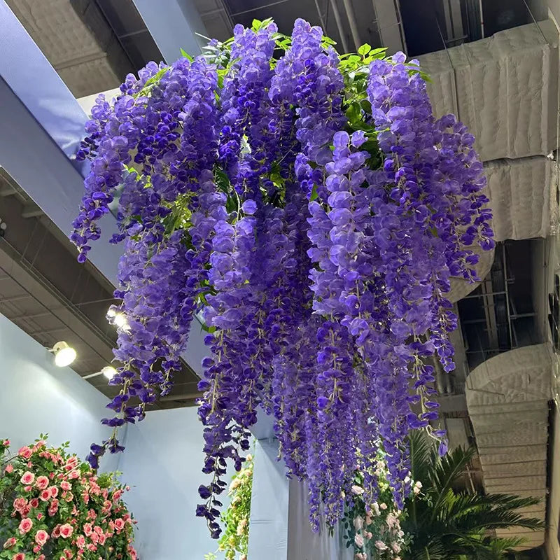 guirlande fleurs artificielles violettes blanches grappes feuilles vertes naturelle décoration intérieureextérieur