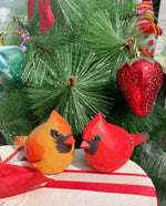 Des ornements d'oiseau rouges et oranges ornent un sapin de Noël garni de décorations rouges et vertes.