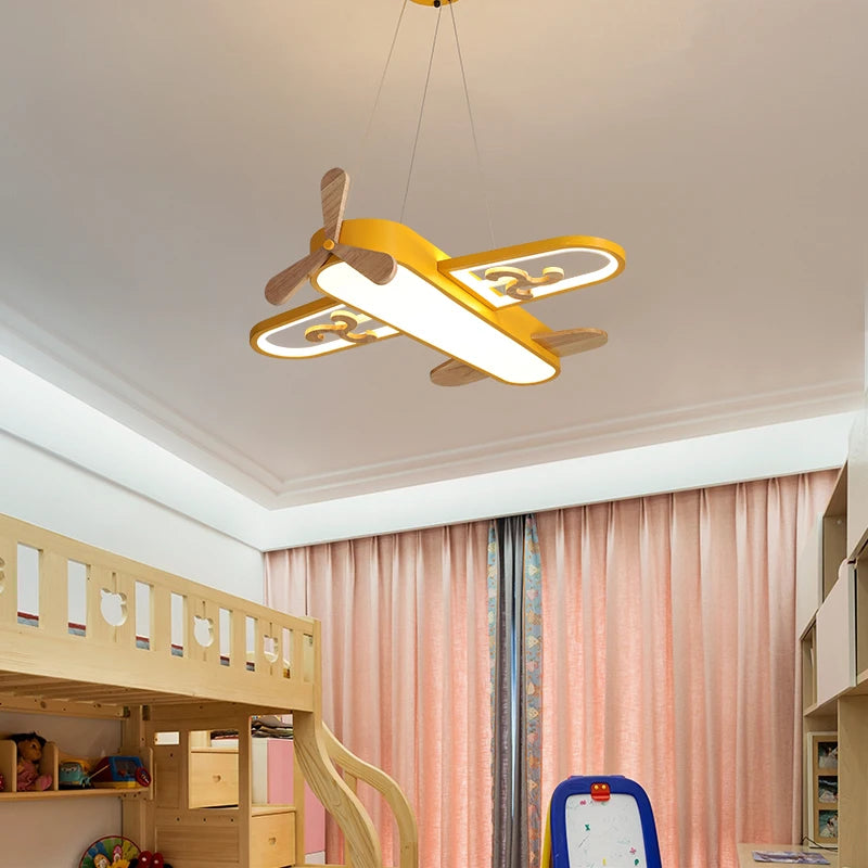 lampe suspendue avion forme bois bleu doré moderne chambre enfant interrupteur tactile