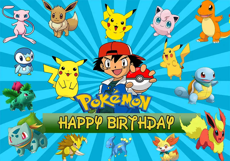 décoration anniversaire enfant pikachu happy birthday fond illustration vinyle poster Jaune Bleu