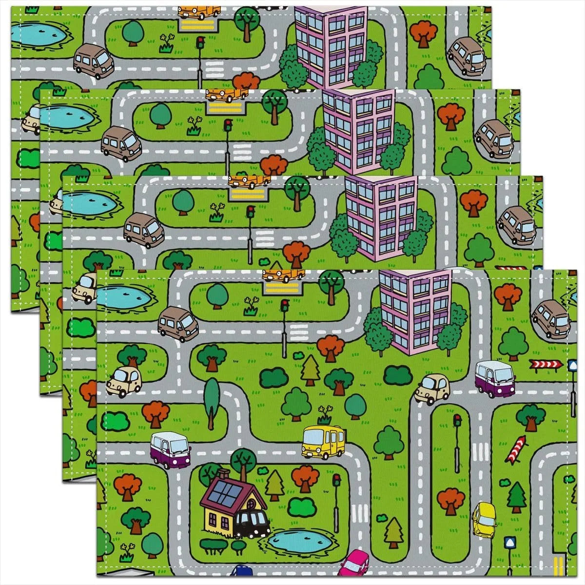 tapis jeu enfants urbain voitures animaux alphabet chiffres formes géométriques vert blanc bleu jaune