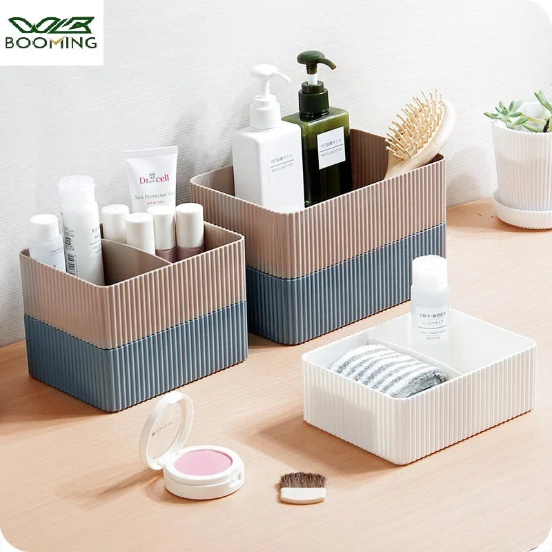 boîtes rangement gris blanc rayées modernes empilables 2l charge2kg cosmétiques lunettes ciseaux télécommande