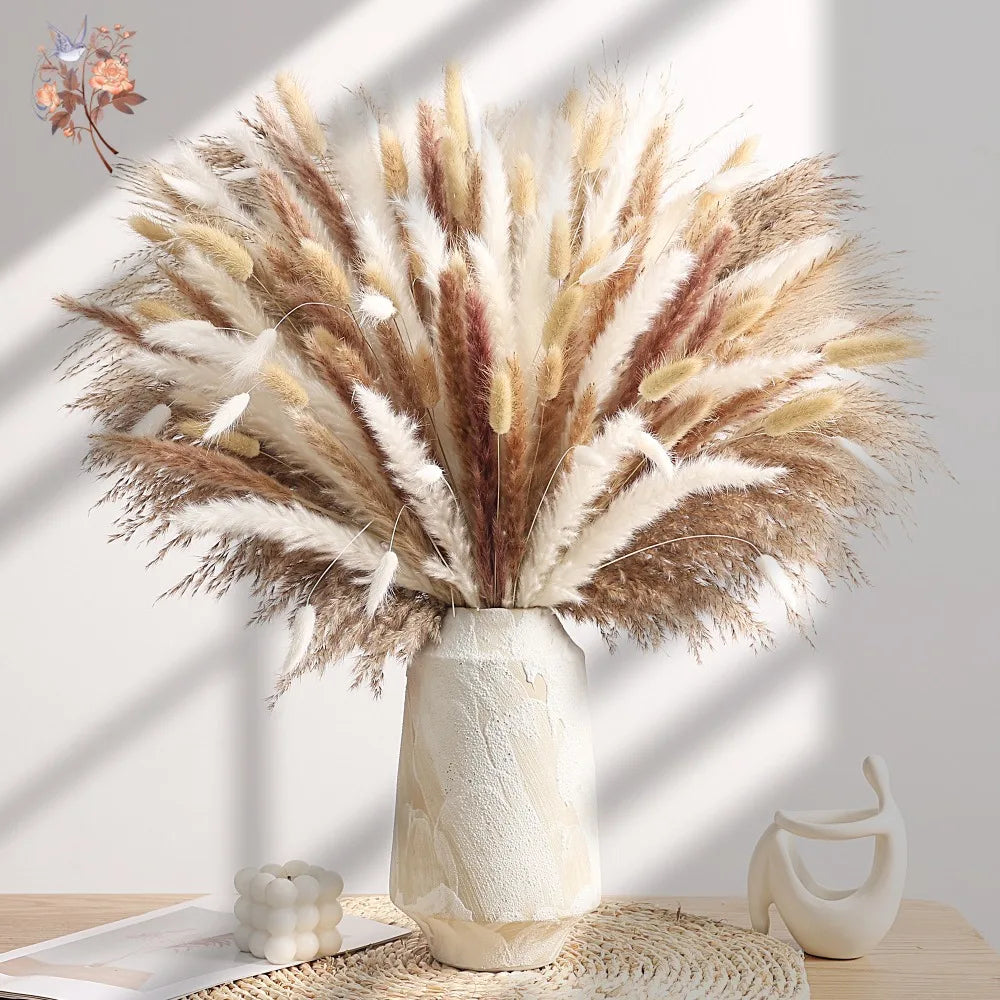 bouquets pampas naturels décoration maison beige blanc rustique anniversaire fête salon balcon