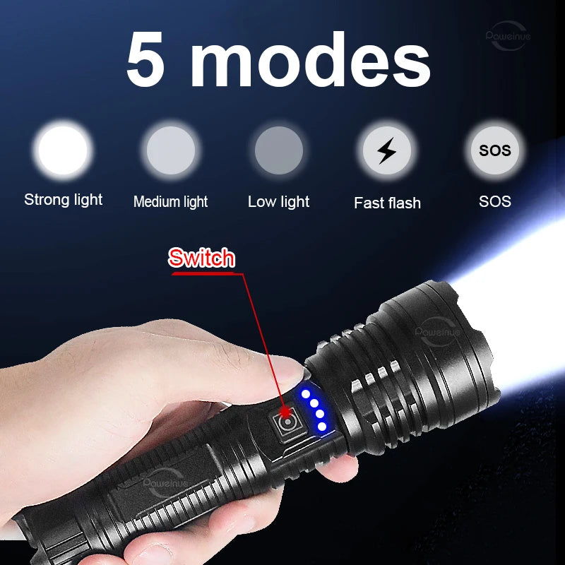 torche rechargeable led puissante étanche 5modes résistante choc moderne noire