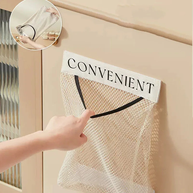 sac rangement maille moderne blanc beige anneau métallique 35x23cm conteneur organisation cuisine transparent minimaliste