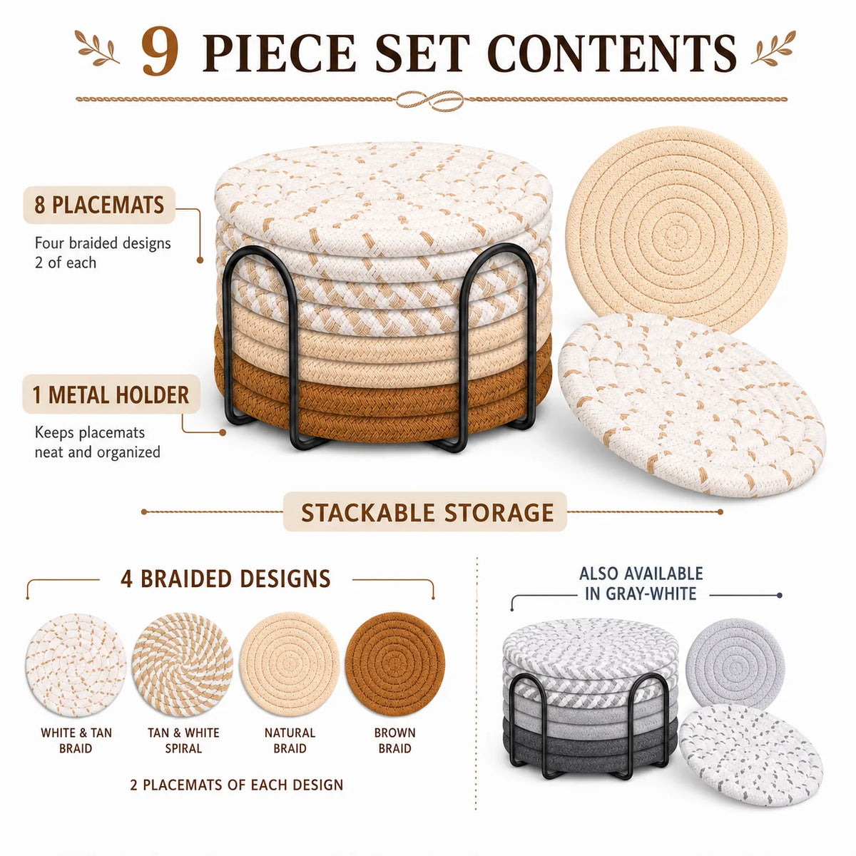 serviettes table main tissée coton beige marron gris motifs différents respectueux environnement set support